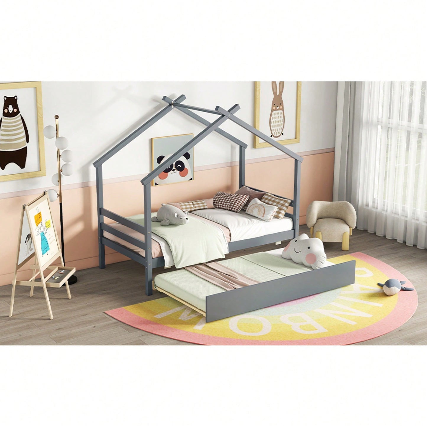 Cozy Twin Size House-Shaped Bed With Trundle In Grey For Kids' Rooms