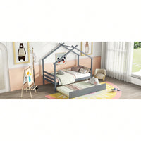 Cozy Twin Size House-Shaped Bed With Trundle In Grey For Kids' Rooms