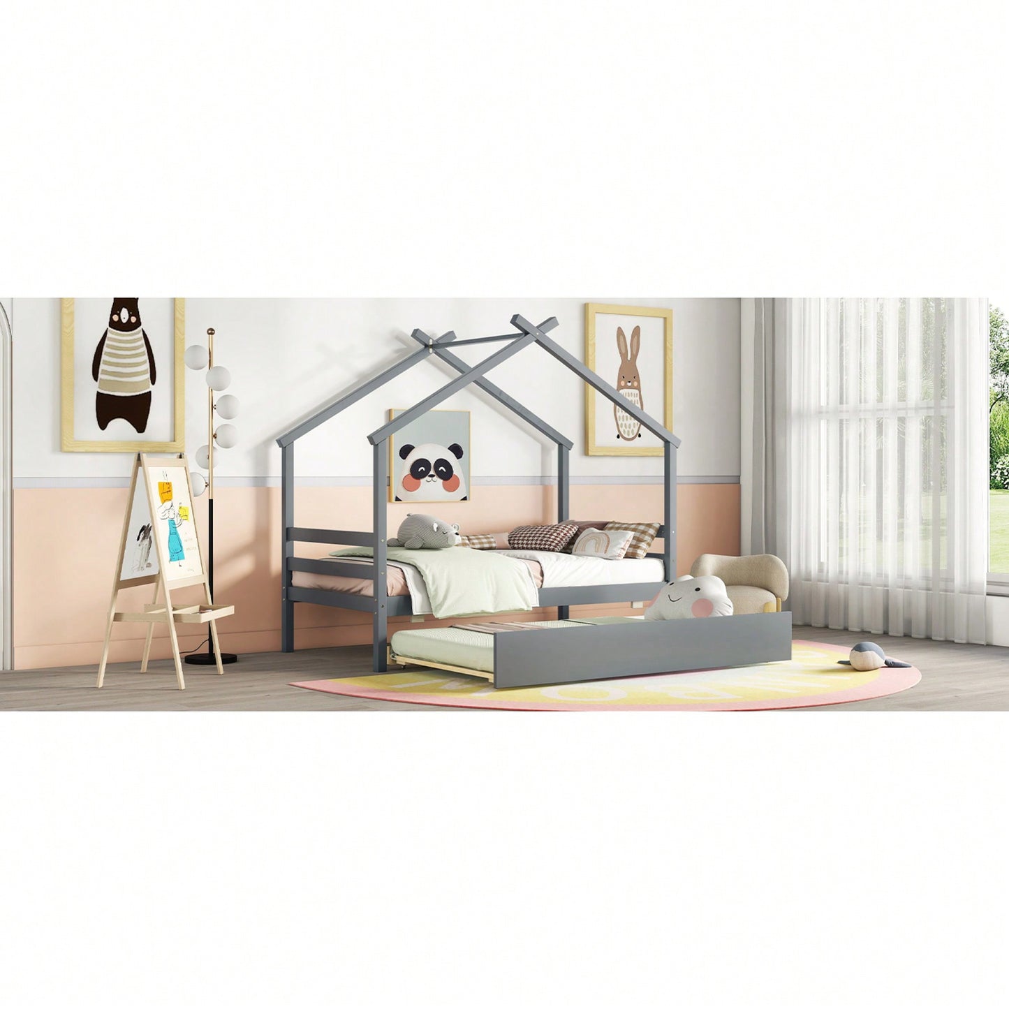 Cozy Twin Size House-Shaped Bed With Trundle In Grey For Kids' Rooms