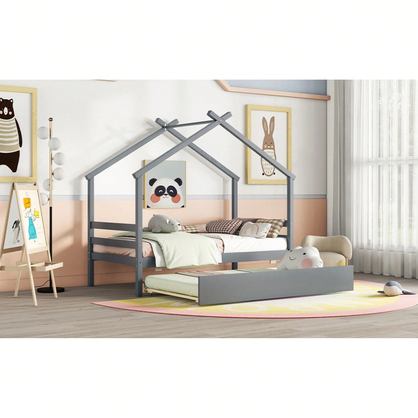 Cozy Twin Size House-Shaped Bed With Trundle In Grey For Kids' Rooms