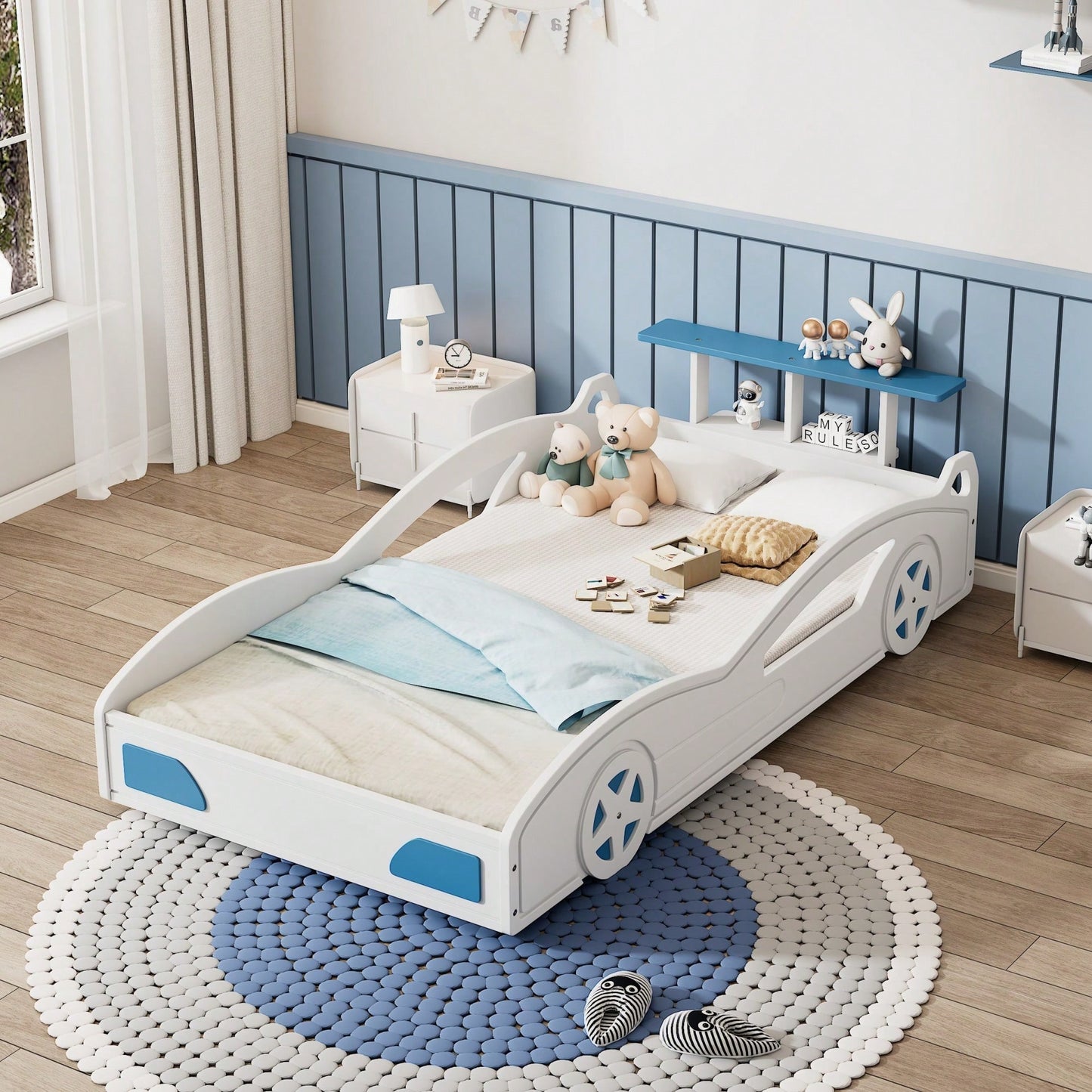 Car-Shaped Twin Bed With Wheels - Colorful Wooden Race Car Design For Teens