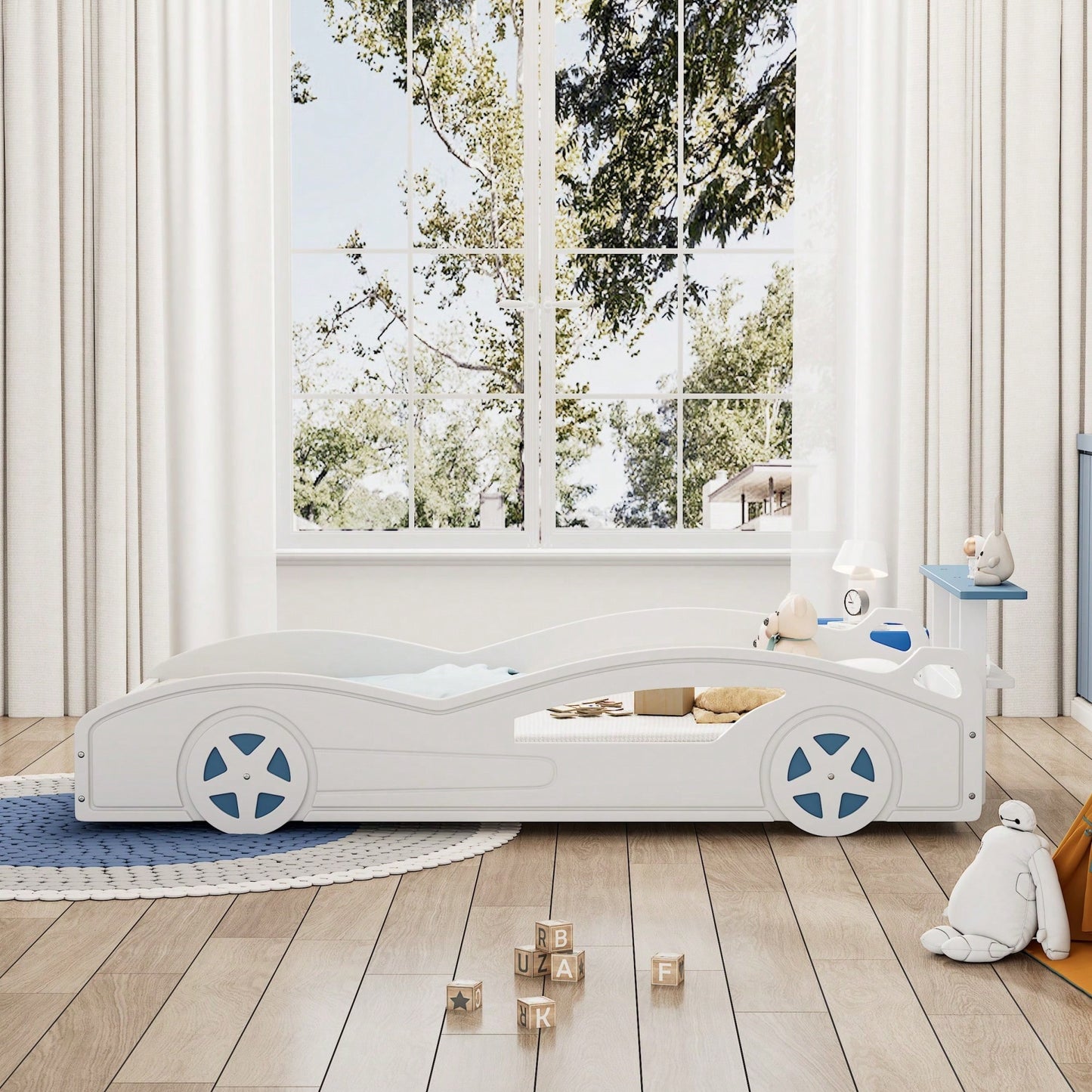 Car-Shaped Twin Bed With Wheels - Colorful Wooden Race Car Design For Teens