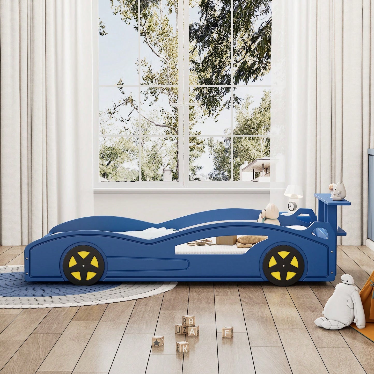 Car-Shaped Twin Bed With Wheels - Colorful Wooden Race Car Design For Teens