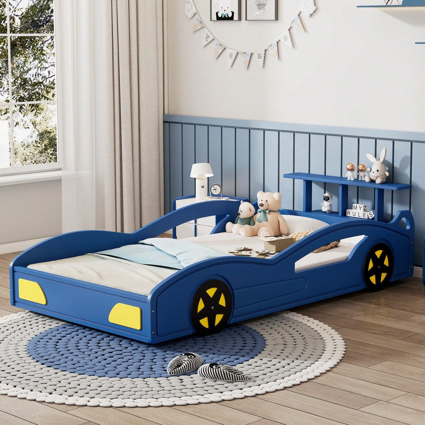 Car-Shaped Twin Bed With Wheels - Colorful Wooden Race Car Design For Teens