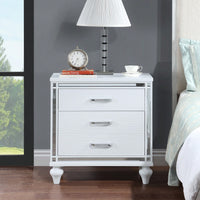 Elegant Sleek White Nightstand with Mirror Accents Stylish Two-Drawer Bedside Table with Hidden Storage and Crystal Pulls