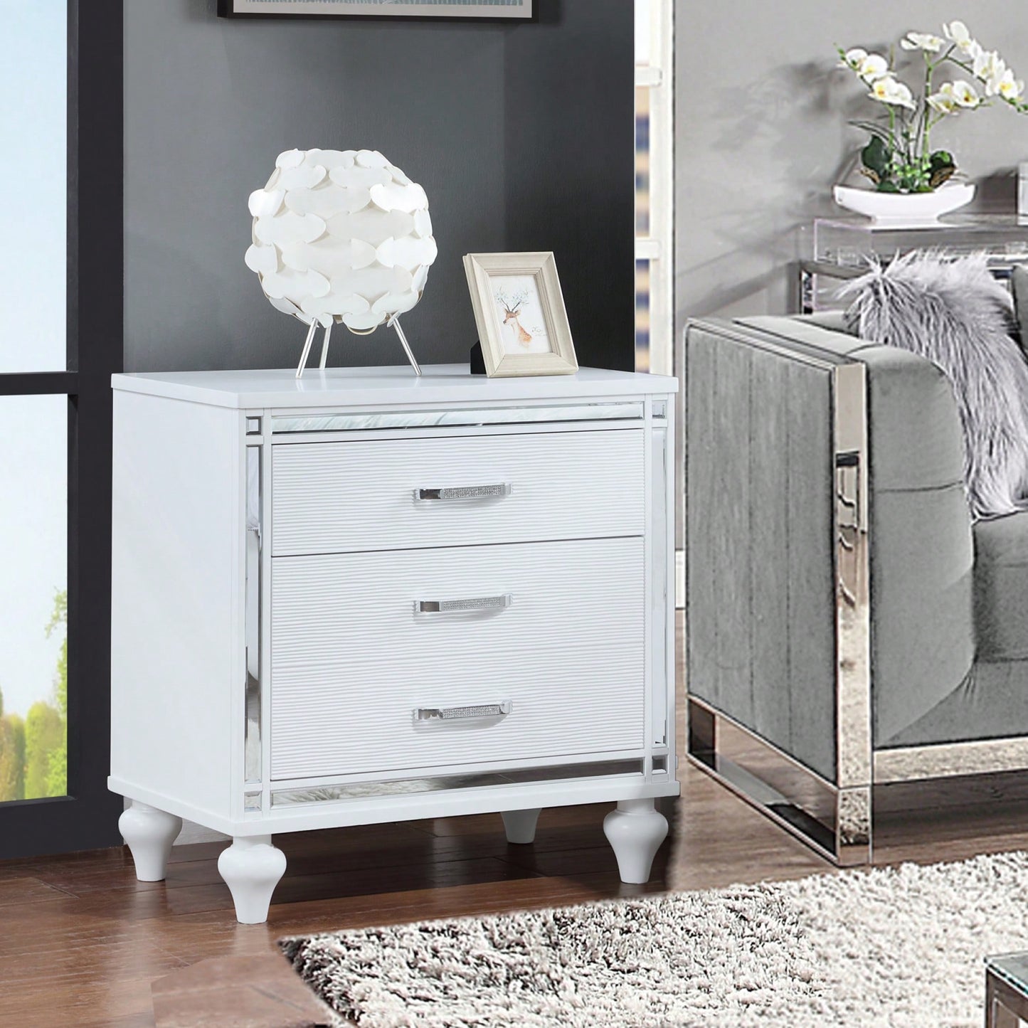 Elegant Sleek White Nightstand with Mirror Accents Stylish Two-Drawer Bedside Table with Hidden Storage and Crystal Pulls