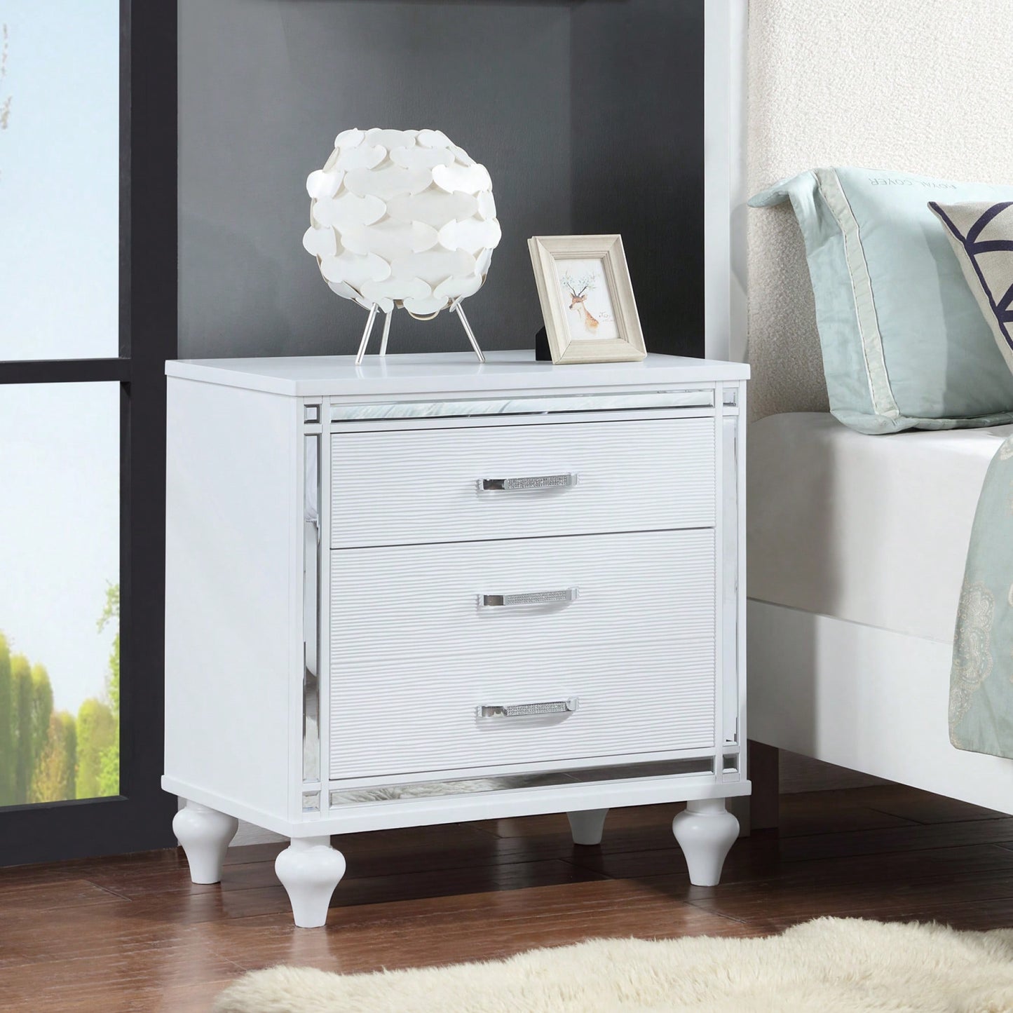 Elegant Sleek White Nightstand with Mirror Accents Stylish Two-Drawer Bedside Table with Hidden Storage and Crystal Pulls