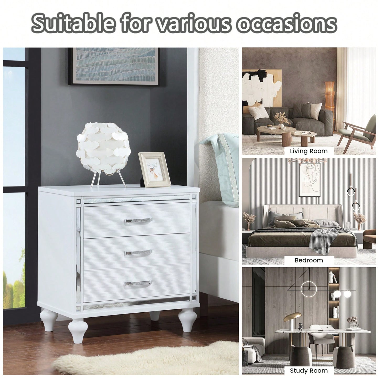 Elegant Sleek White Nightstand with Mirror Accents Stylish Two-Drawer Bedside Table with Hidden Storage and Crystal Pulls