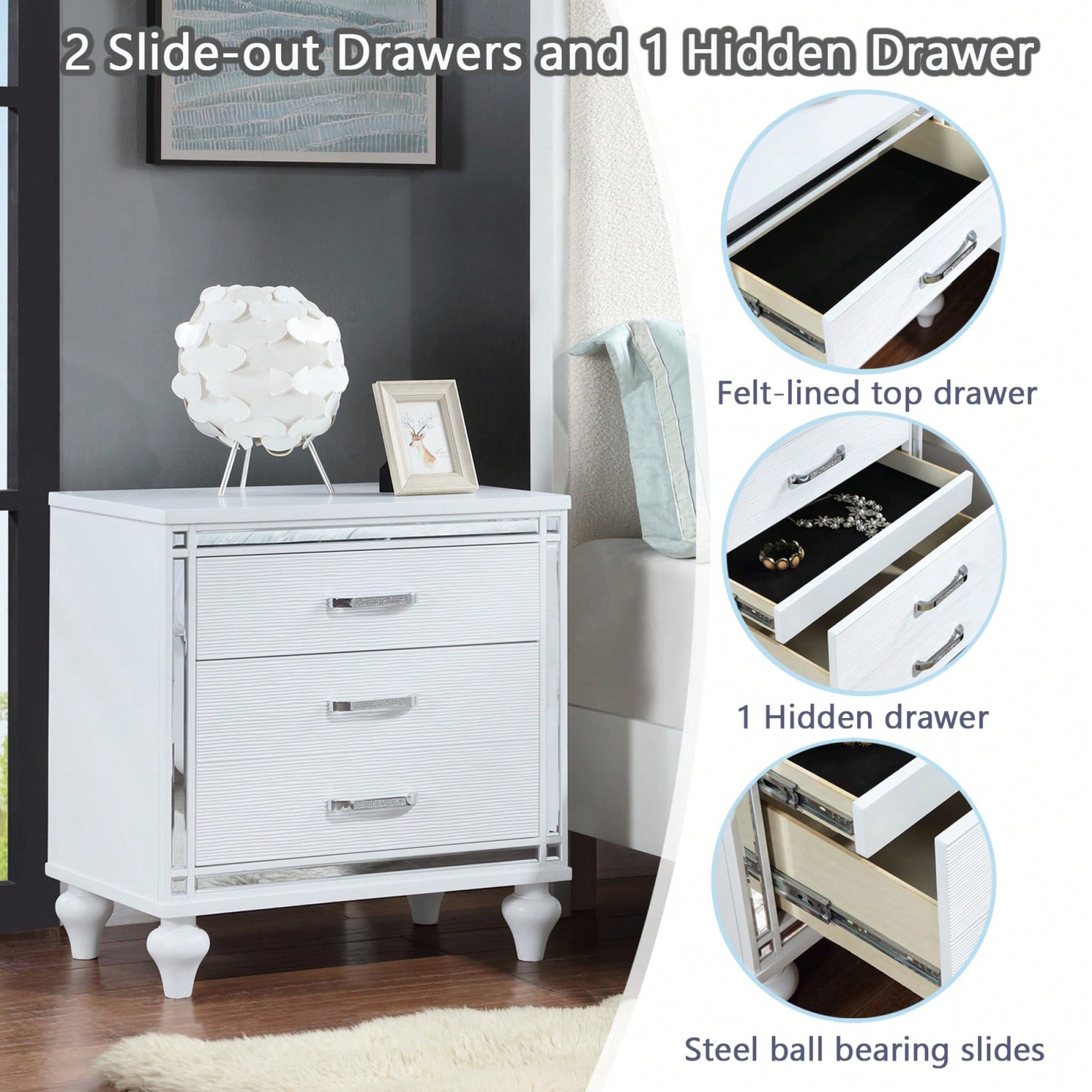 Elegant Sleek White Nightstand with Mirror Accents Stylish Two-Drawer Bedside Table with Hidden Storage and Crystal Pulls