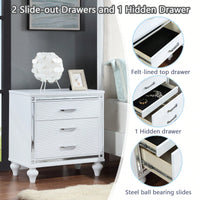 Elegant Sleek White Nightstand with Mirror Accents Stylish Two-Drawer Bedside Table with Hidden Storage and Crystal Pulls