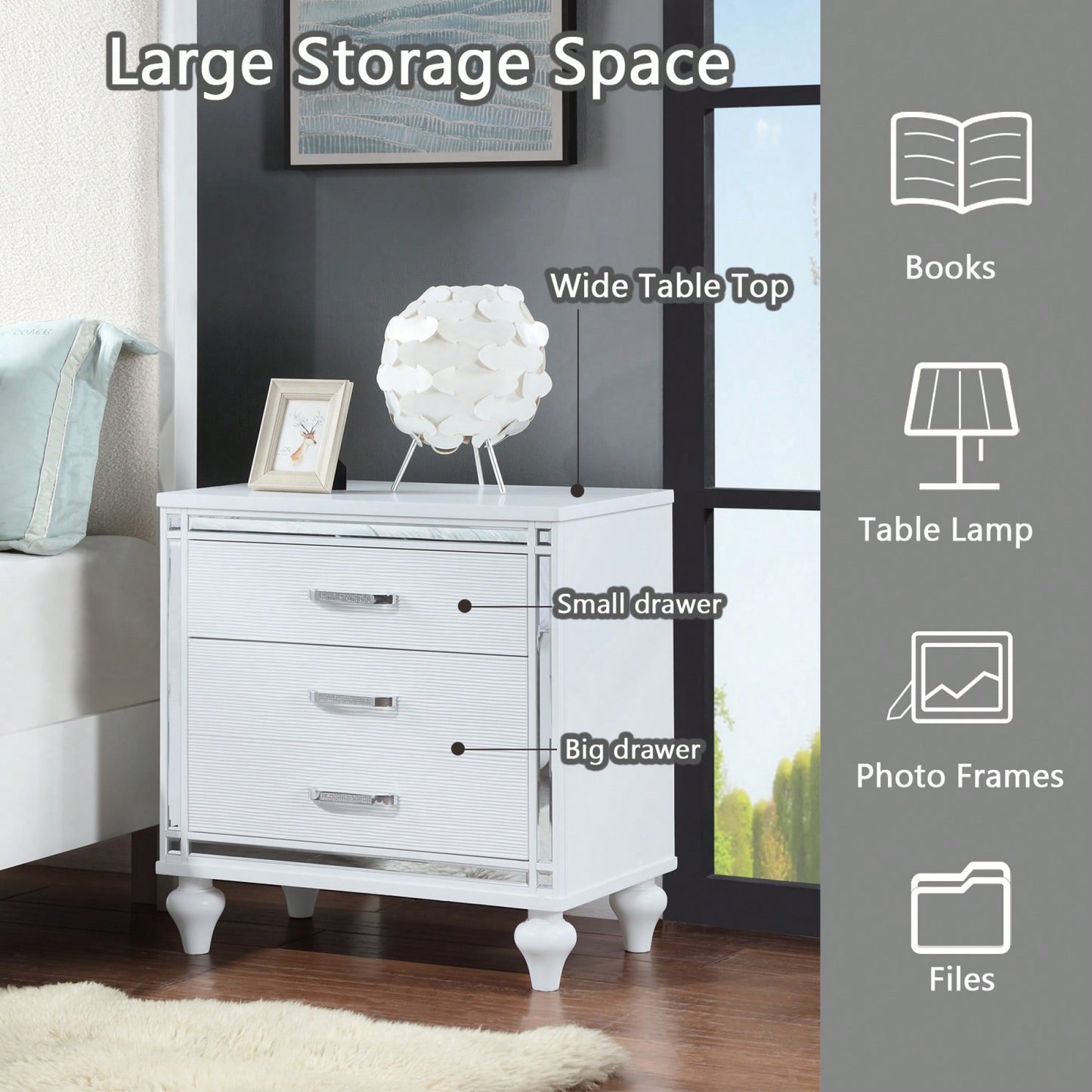 Elegant Sleek White Nightstand with Mirror Accents Stylish Two-Drawer Bedside Table with Hidden Storage and Crystal Pulls