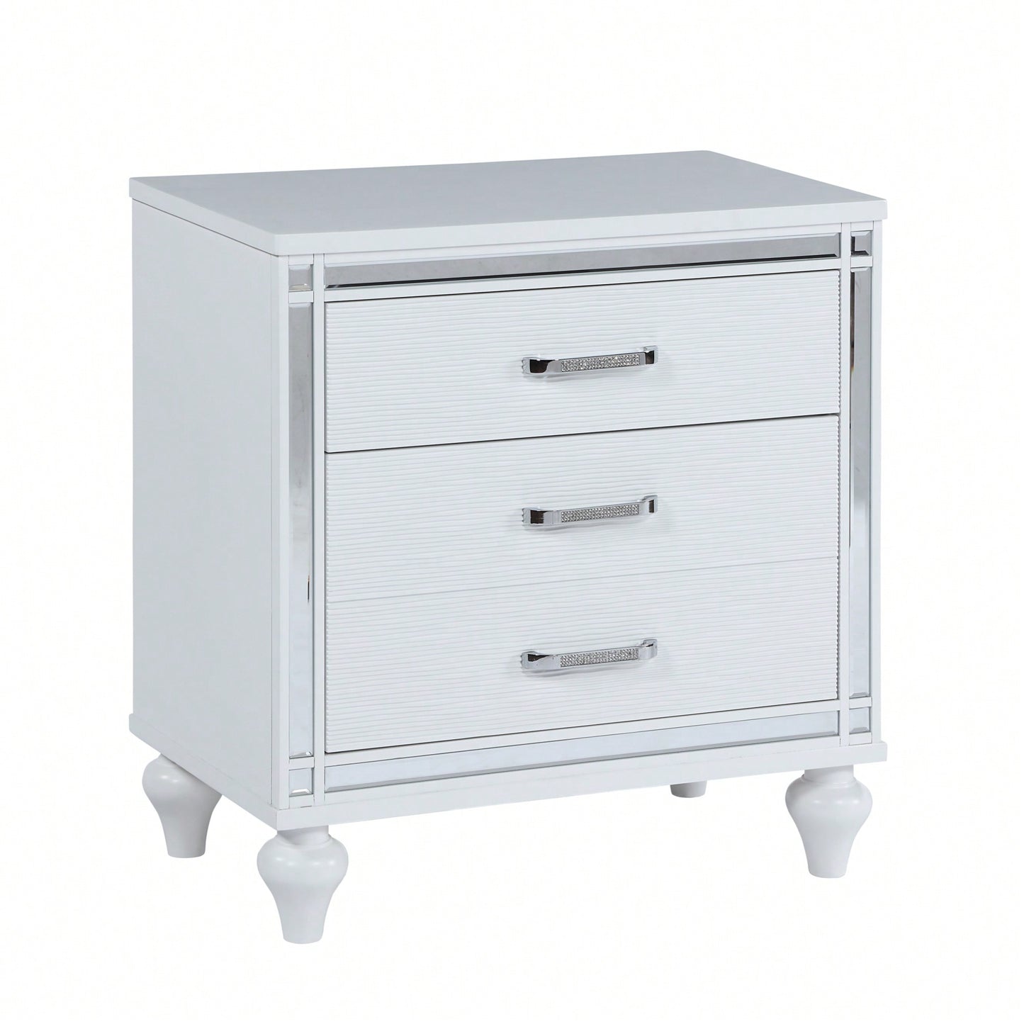 Elegant Sleek White Nightstand with Mirror Accents Stylish Two-Drawer Bedside Table with Hidden Storage and Crystal Pulls