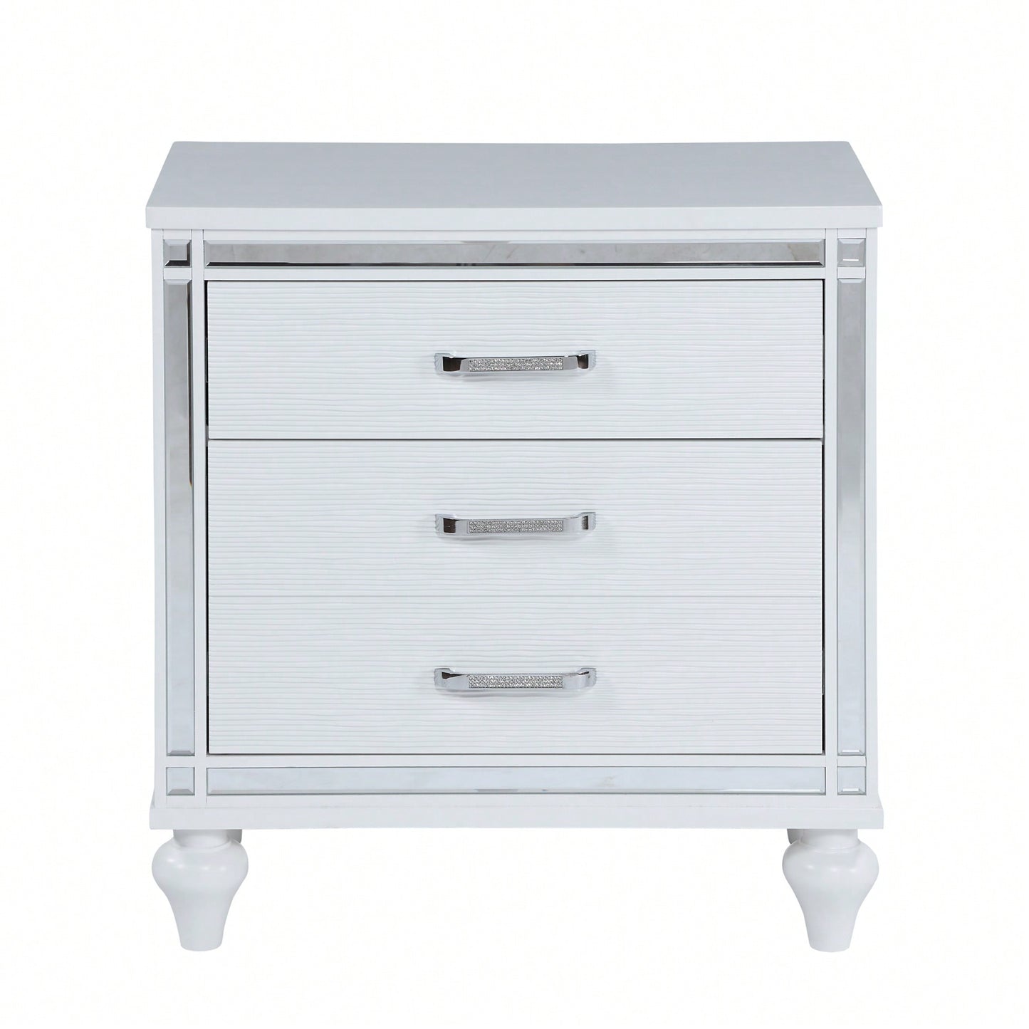 Elegant Sleek White Nightstand with Mirror Accents Stylish Two-Drawer Bedside Table with Hidden Storage and Crystal Pulls