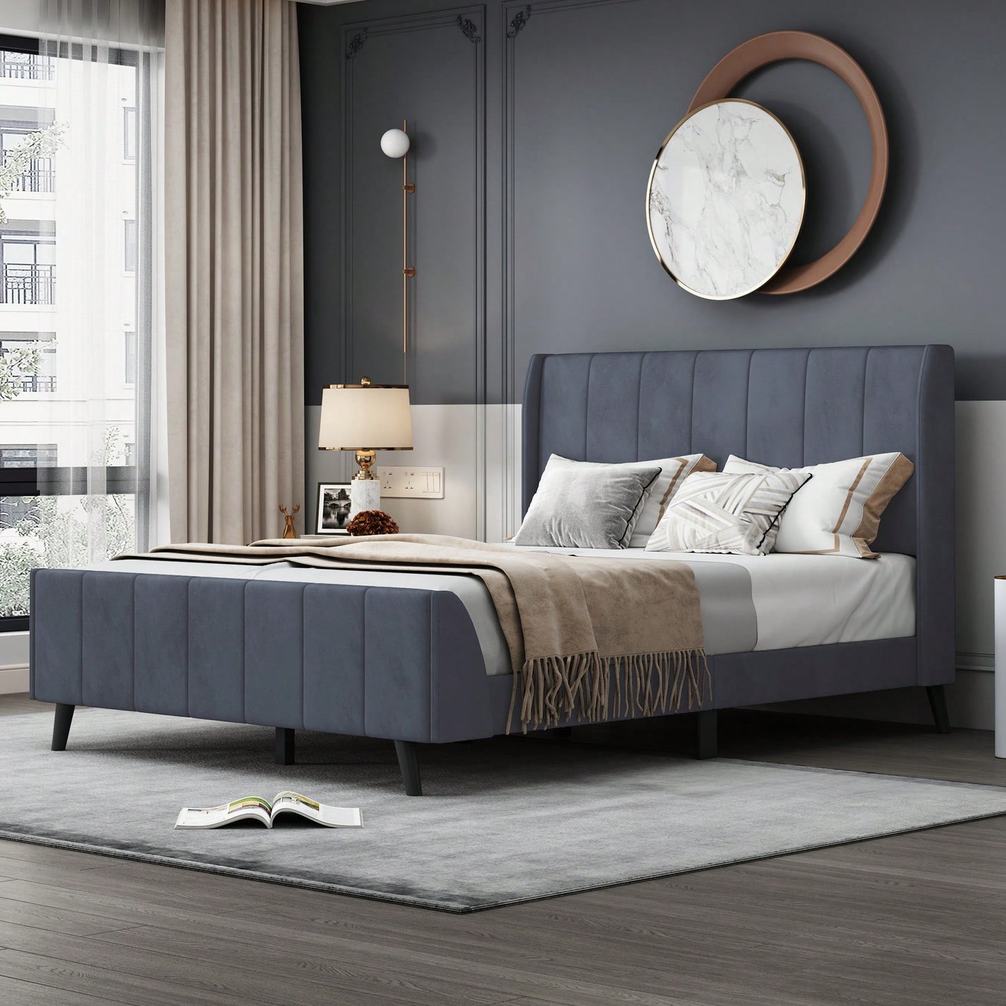 Elegant Full-Size Velvet Upholstered Platform Bed In Gray - Stylish Comfort For Any Bedroom