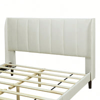 Elegant Beige Velvet Queen Size Upholstered Platform Bed For Luxurious Bedroom Decor