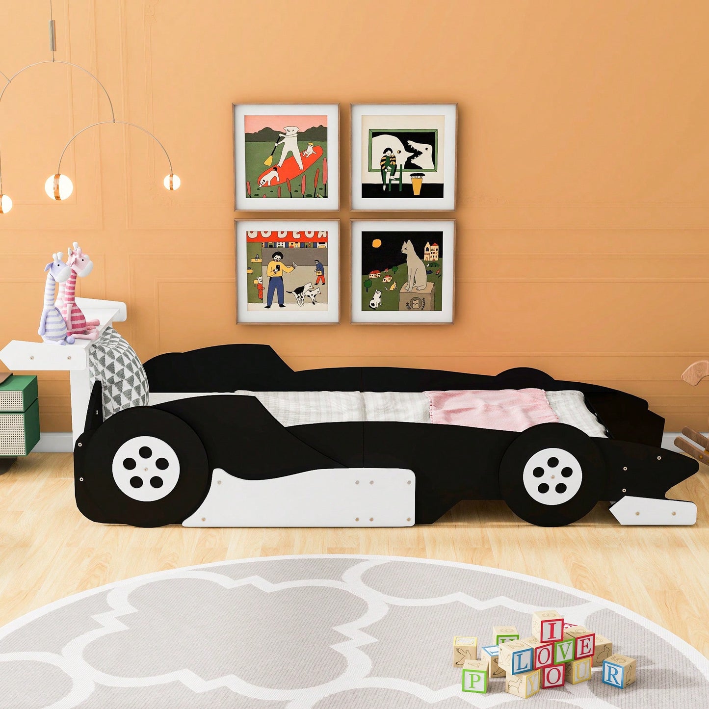 Racing-Inspired Twin Size Platform Bed With Wheels - Sleek Black Design