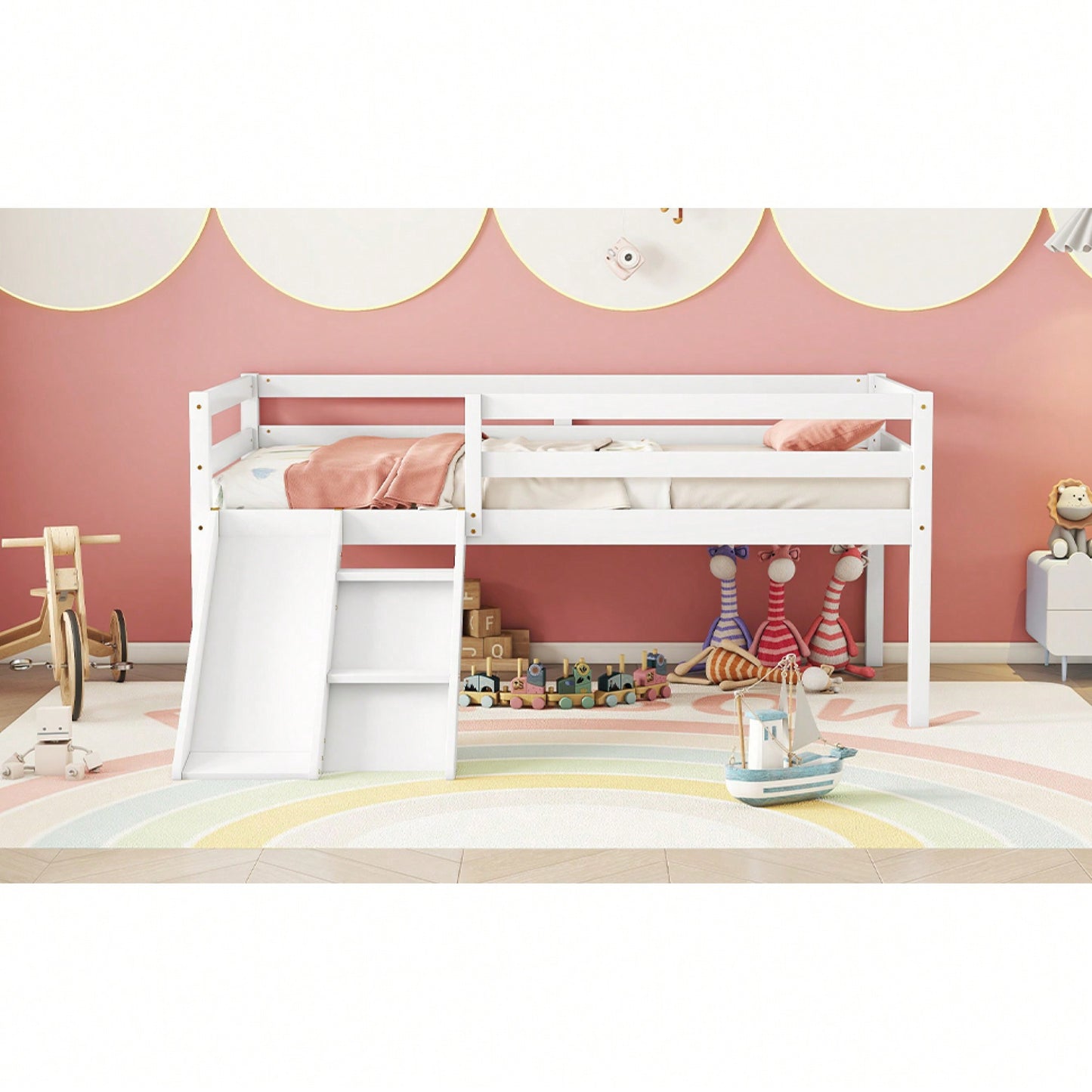 Versatile Low Loft Bed With Fun Slide, Ladder Access & Safety Guardrails - Grey Finish, No Box Spring Required