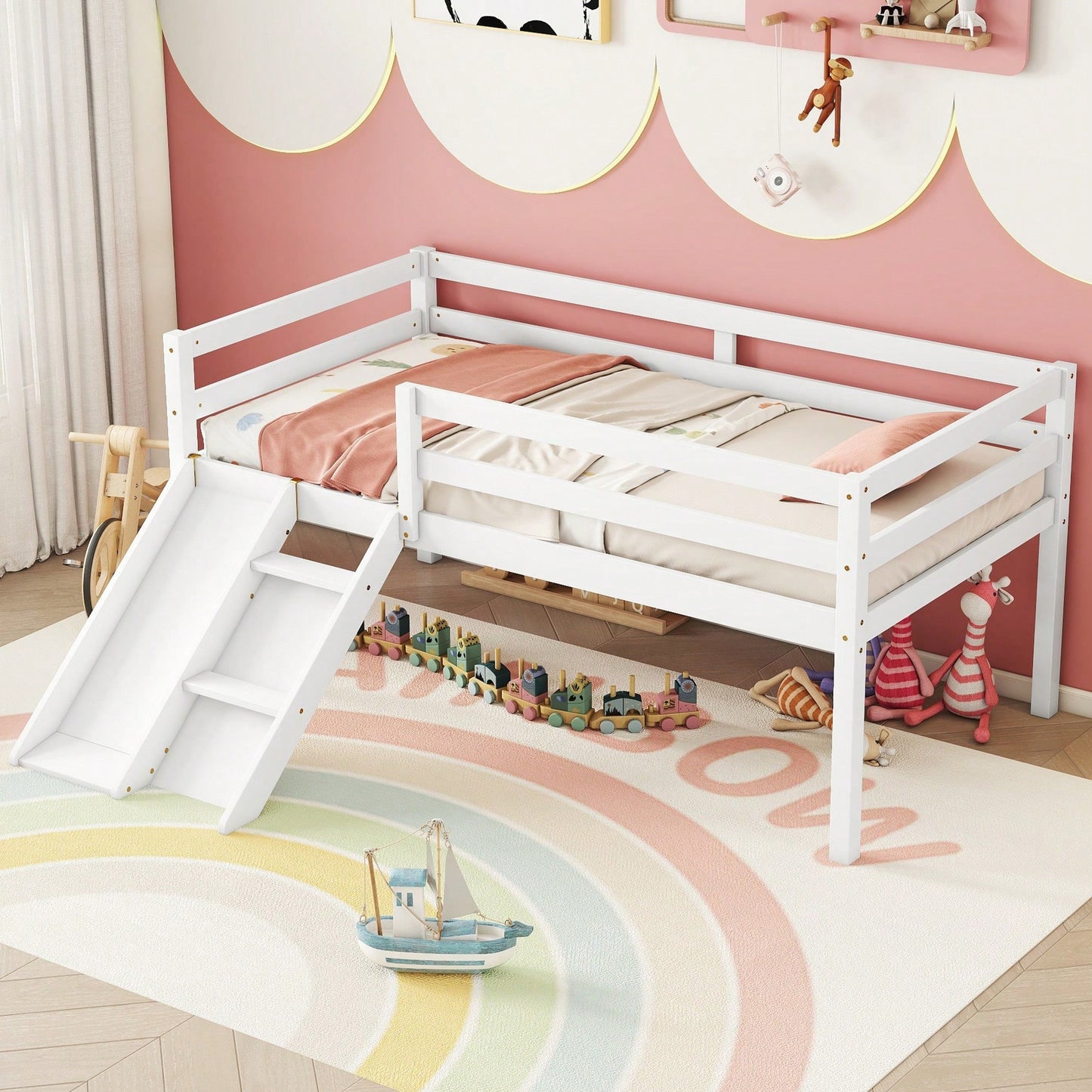 Versatile Low Loft Bed With Fun Slide, Ladder Access & Safety Guardrails - Grey Finish, No Box Spring Required