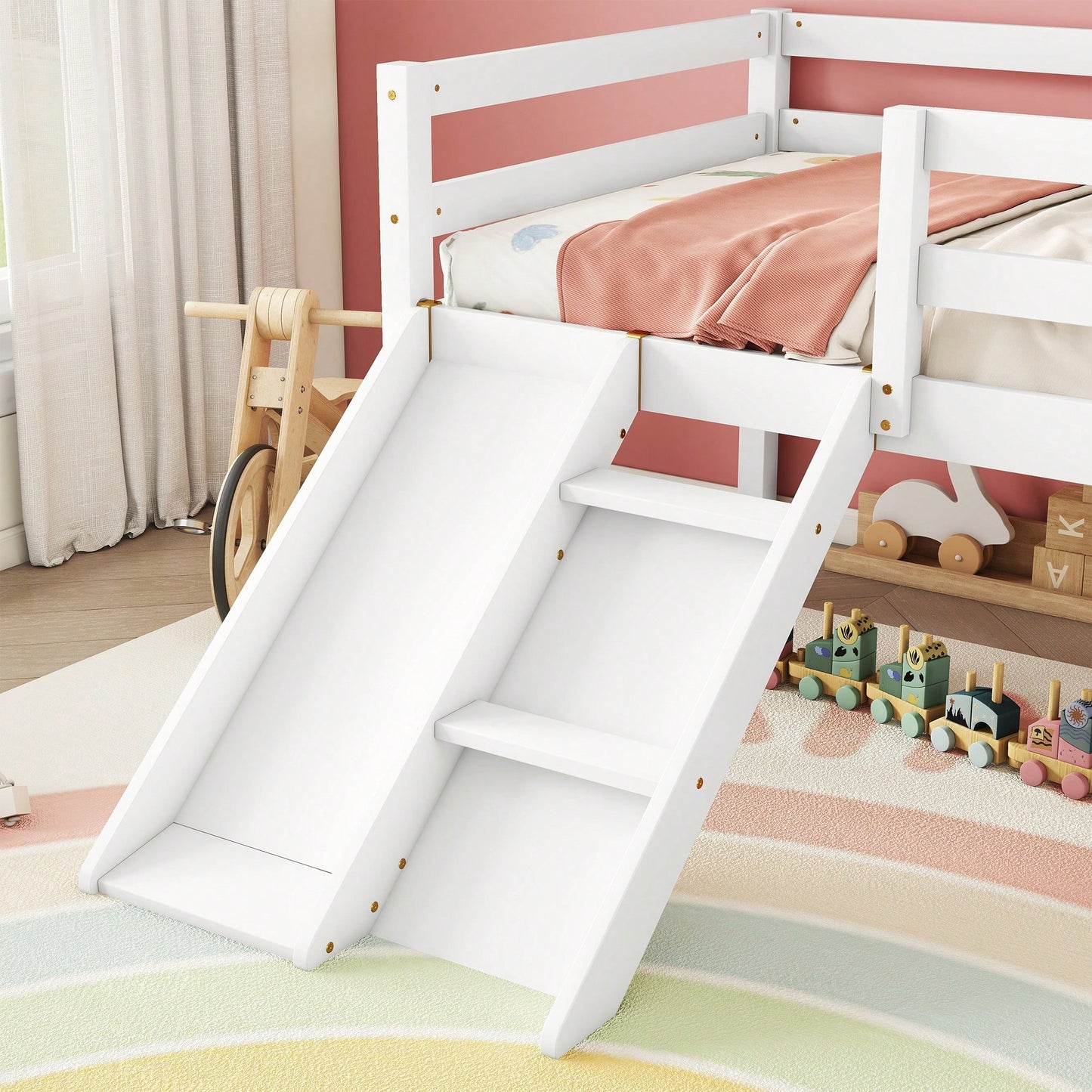 Versatile Low Loft Bed With Fun Slide, Ladder Access & Safety Guardrails - Grey Finish, No Box Spring Required