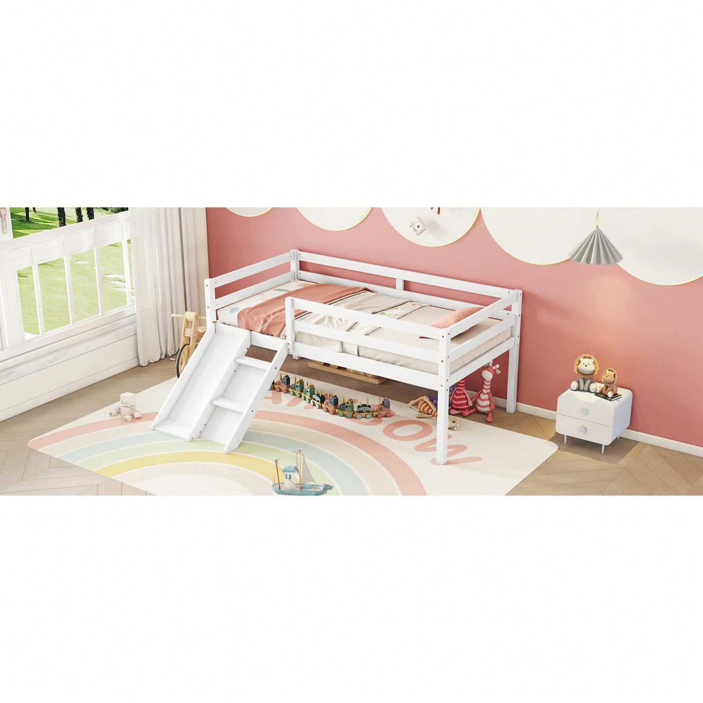 Versatile Low Loft Bed With Fun Slide, Ladder Access & Safety Guardrails - Grey Finish, No Box Spring Required