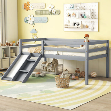 Versatile Low Loft Bed With Fun Slide, Ladder Access & Safety Guardrails - Grey Finish, No Box Spring Required