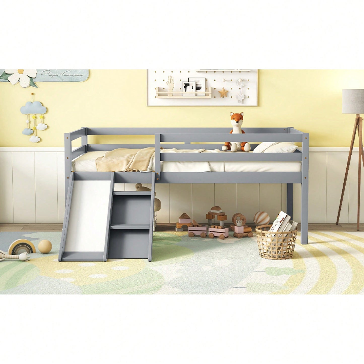 Versatile Low Loft Bed With Fun Slide, Ladder Access & Safety Guardrails - Grey Finish, No Box Spring Required