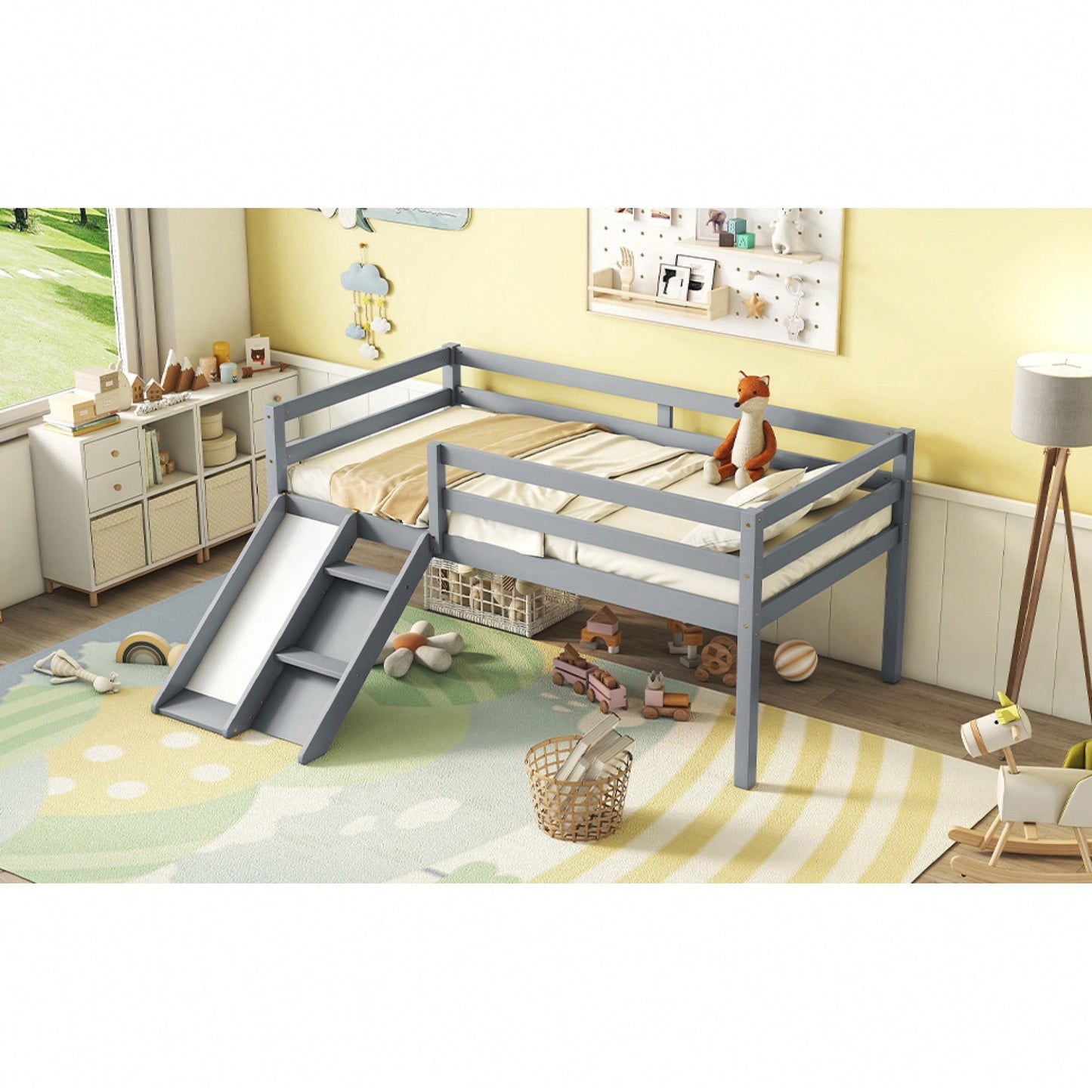 Versatile Low Loft Bed With Fun Slide, Ladder Access & Safety Guardrails - Grey Finish, No Box Spring Required