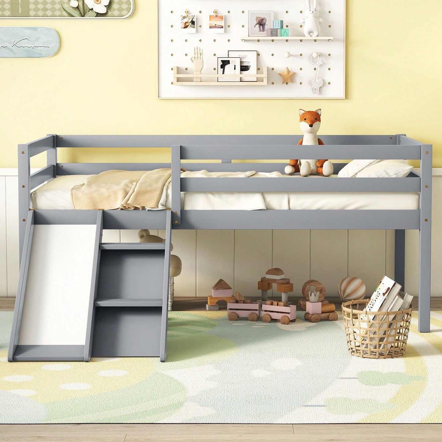 Versatile Low Loft Bed With Fun Slide, Ladder Access & Safety Guardrails - Grey Finish, No Box Spring Required