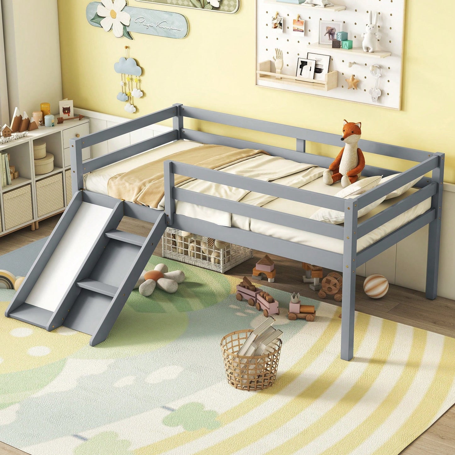 Versatile Low Loft Bed With Fun Slide, Ladder Access & Safety Guardrails - Grey Finish, No Box Spring Required