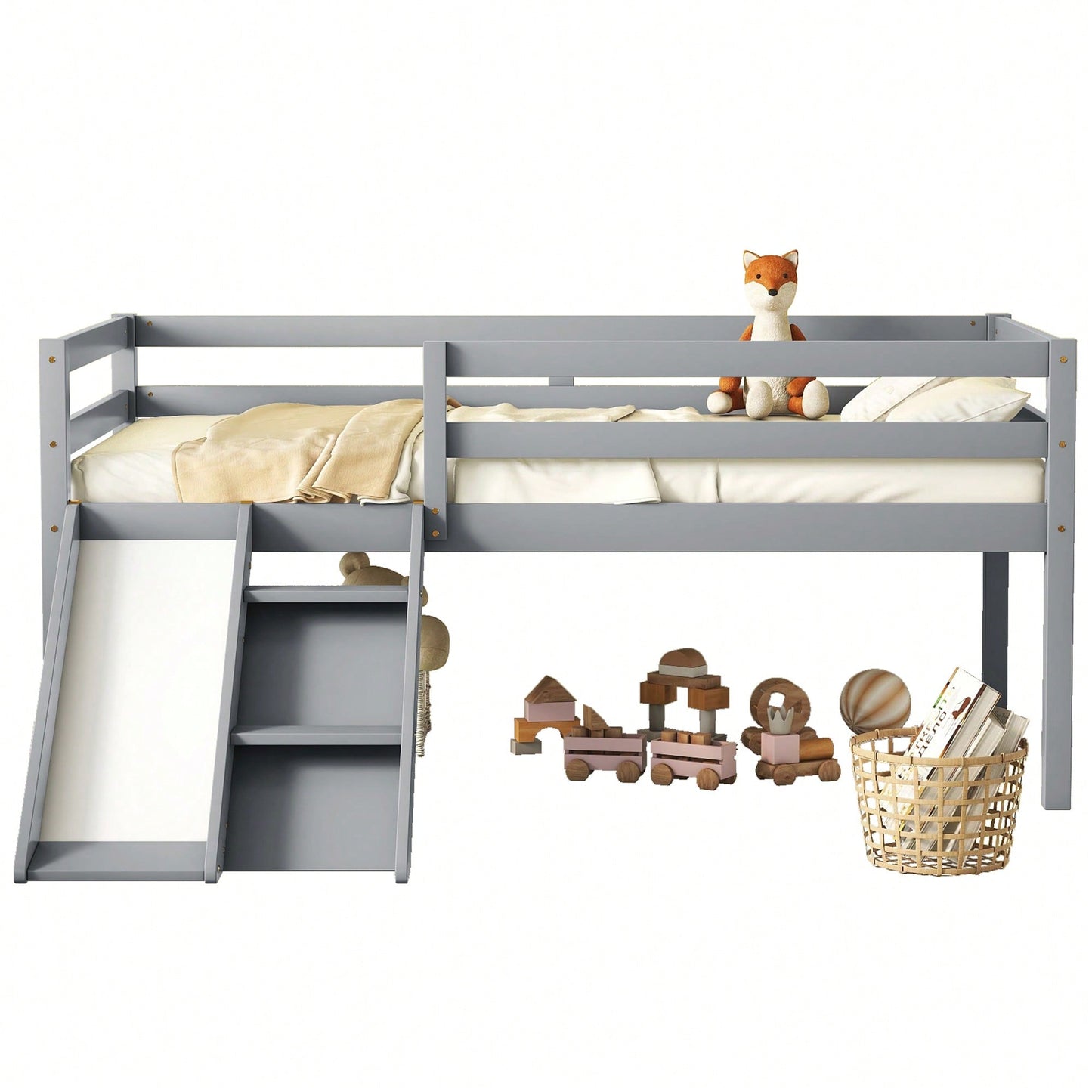 Versatile Low Loft Bed With Fun Slide, Ladder Access & Safety Guardrails - Grey Finish, No Box Spring Required