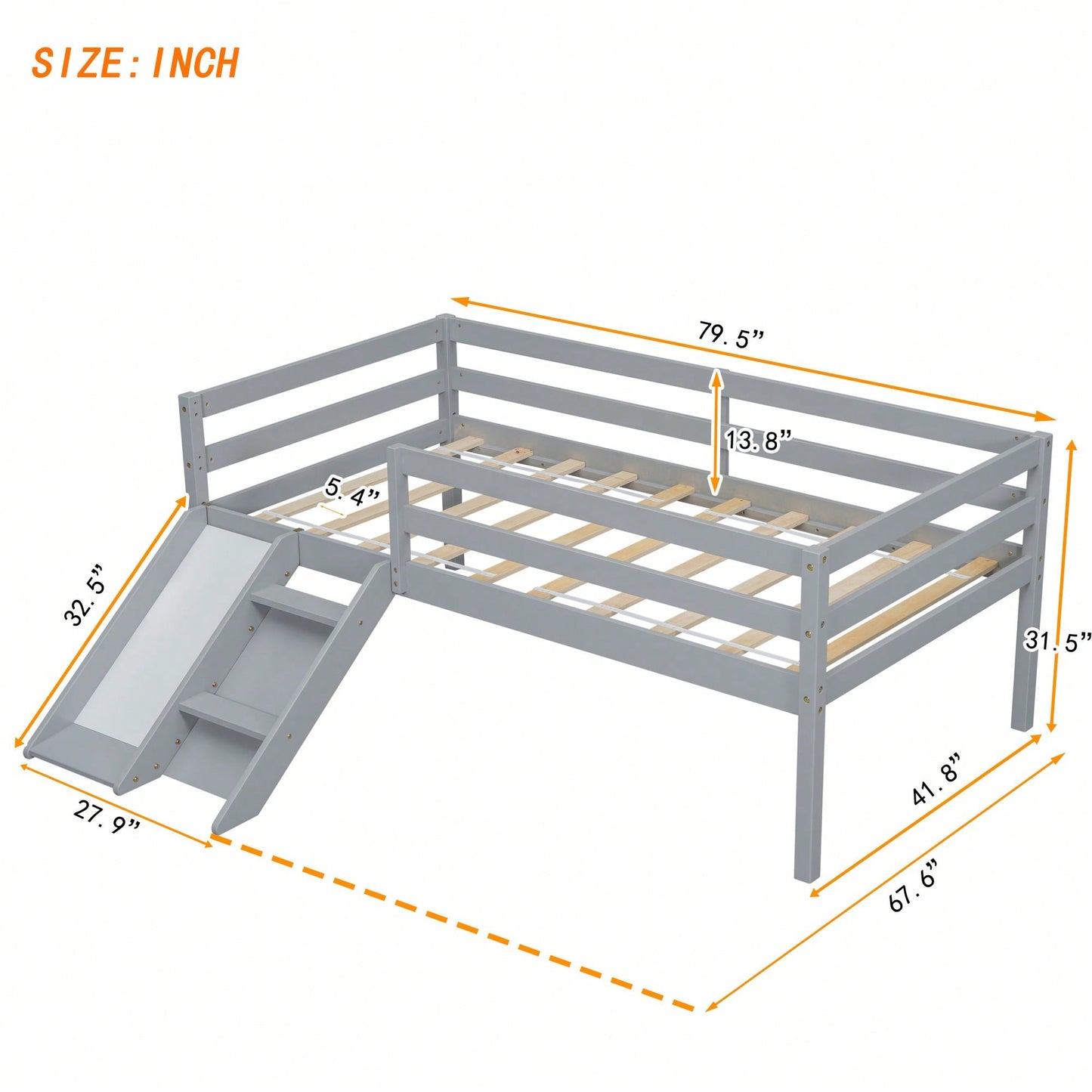 Versatile Low Loft Bed With Fun Slide, Ladder Access & Safety Guardrails - Grey Finish, No Box Spring Required