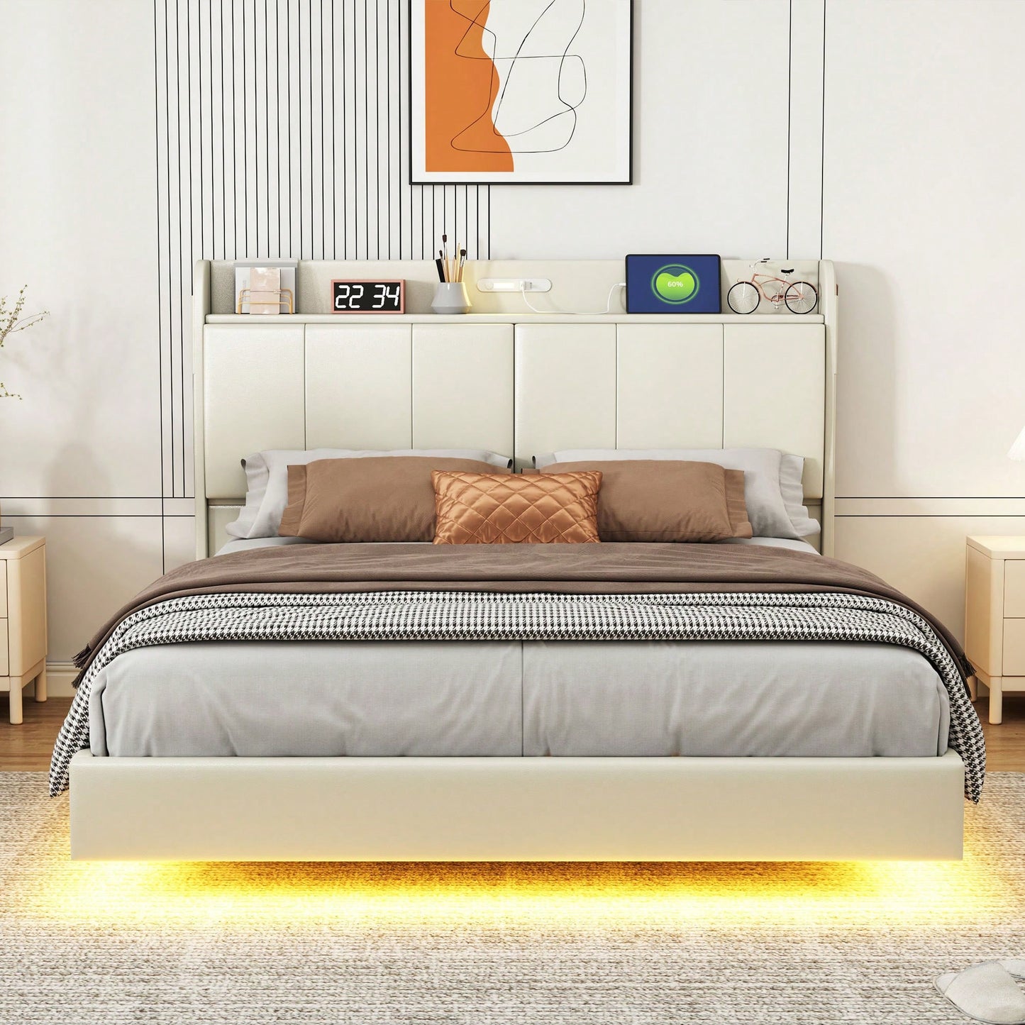 Elegant Queen Size Upholstered Floating Bed Frame With Storage Headboard, Touch Sensor Night Light & USB Charger In Beige