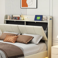 Elegant Queen Size Upholstered Floating Bed Frame With Storage Headboard, Touch Sensor Night Light & USB Charger In Beige