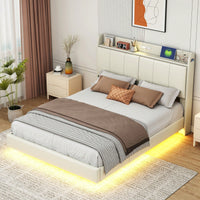 Elegant Queen Size Upholstered Floating Bed Frame With Storage Headboard, Touch Sensor Night Light & USB Charger In Beige