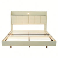 Elegant Queen Size Upholstered Floating Bed Frame With Storage Headboard, Touch Sensor Night Light & USB Charger In Beige