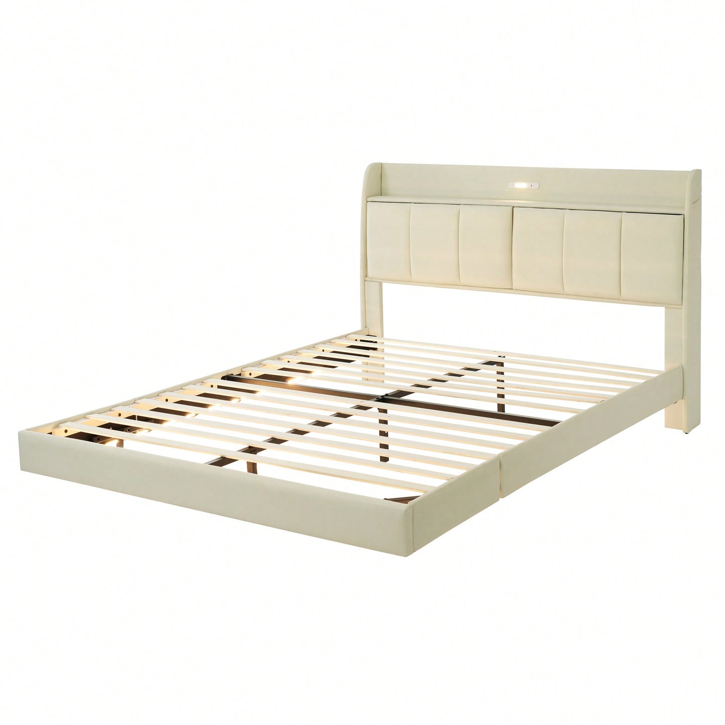 Elegant Queen Size Upholstered Floating Bed Frame With Storage Headboard, Touch Sensor Night Light & USB Charger In Beige