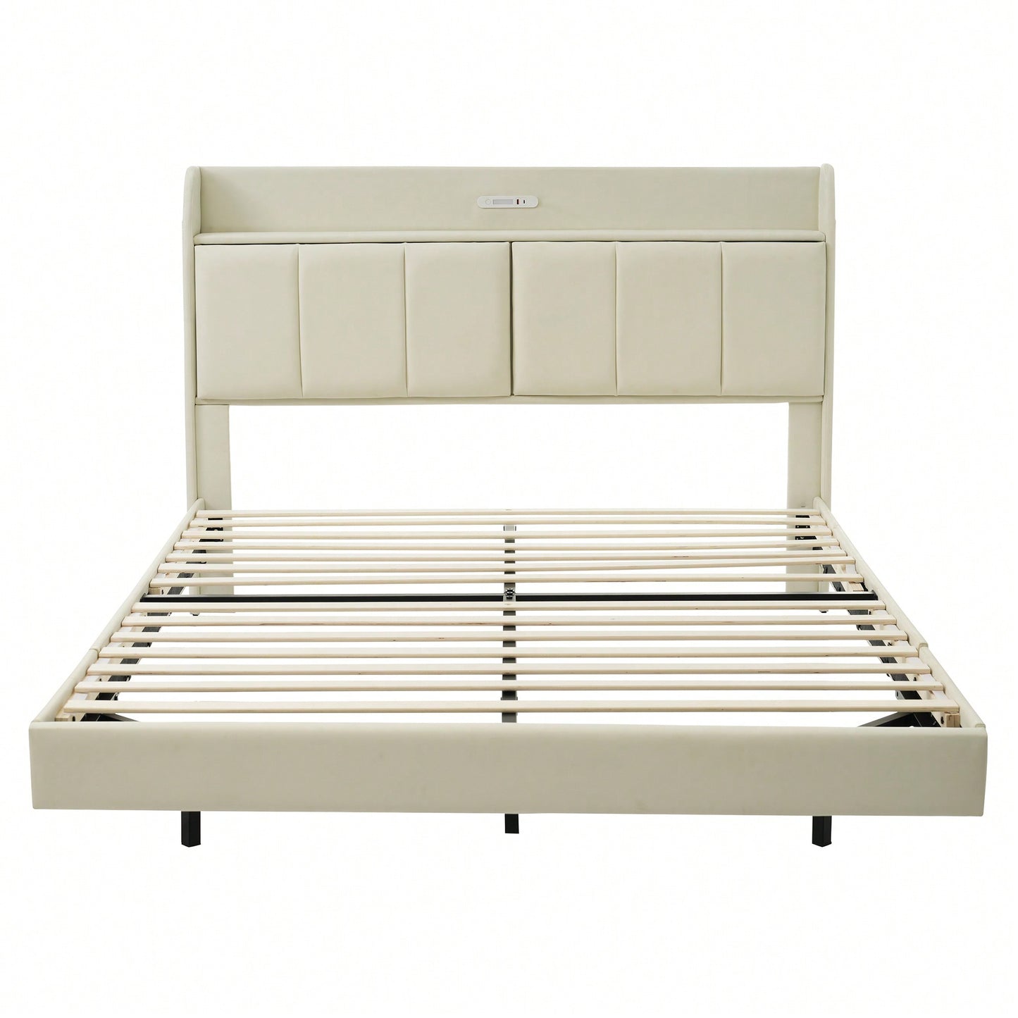 Elegant Queen Size Upholstered Floating Bed Frame With Storage Headboard, Touch Sensor Night Light & USB Charger In Beige