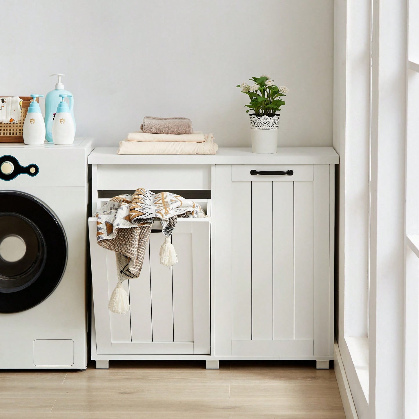 Dual-Compartment Tilt-Out Trash & Laundry Sorter Cabinet With Cutting Board - Pet-Proof Kitchen Storage, Freestanding White Design