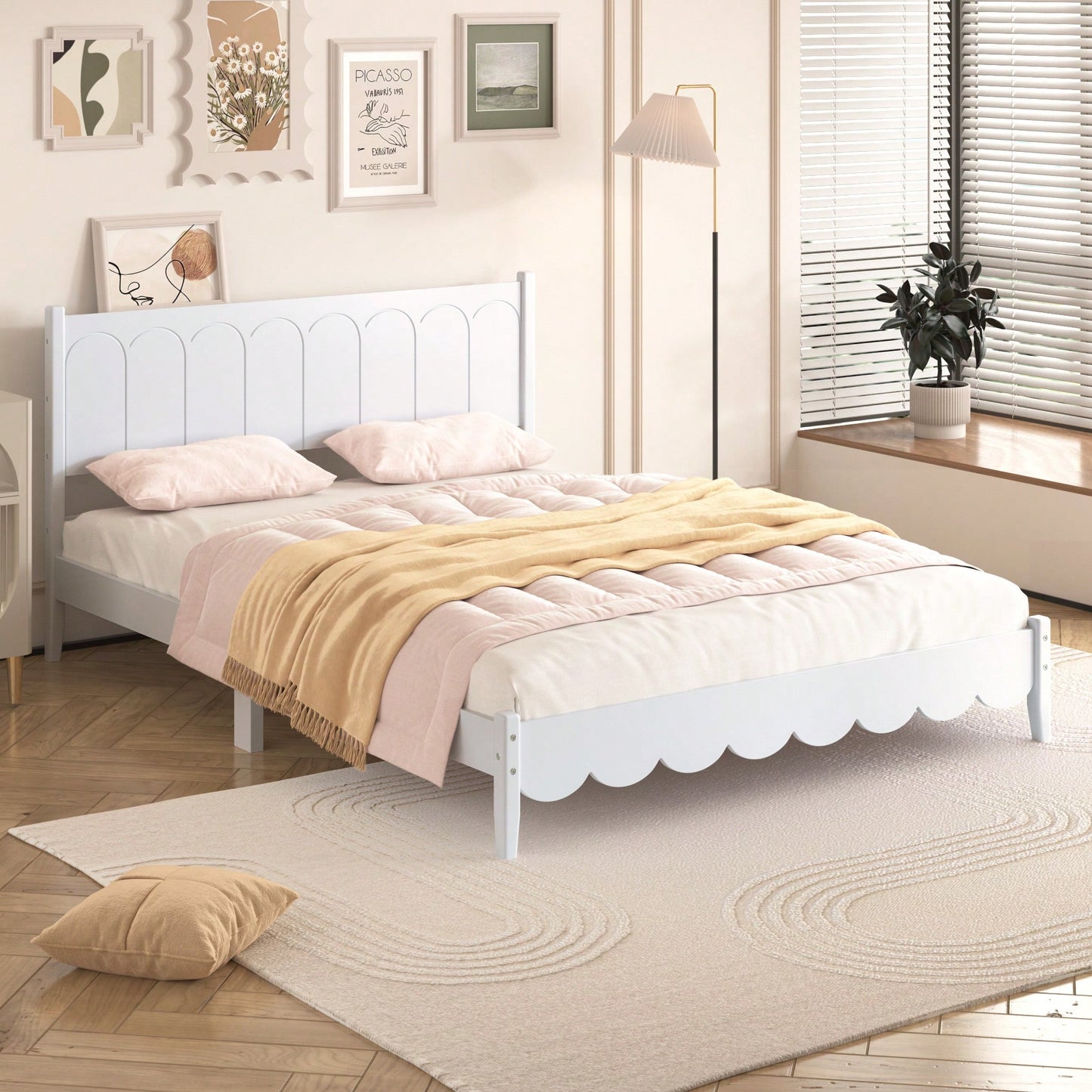 Stylish Queen Size Wood Platform Bed Frame With Rectangular Headboard - Retro Design, No Box Spring Needed, Sleek White Finish