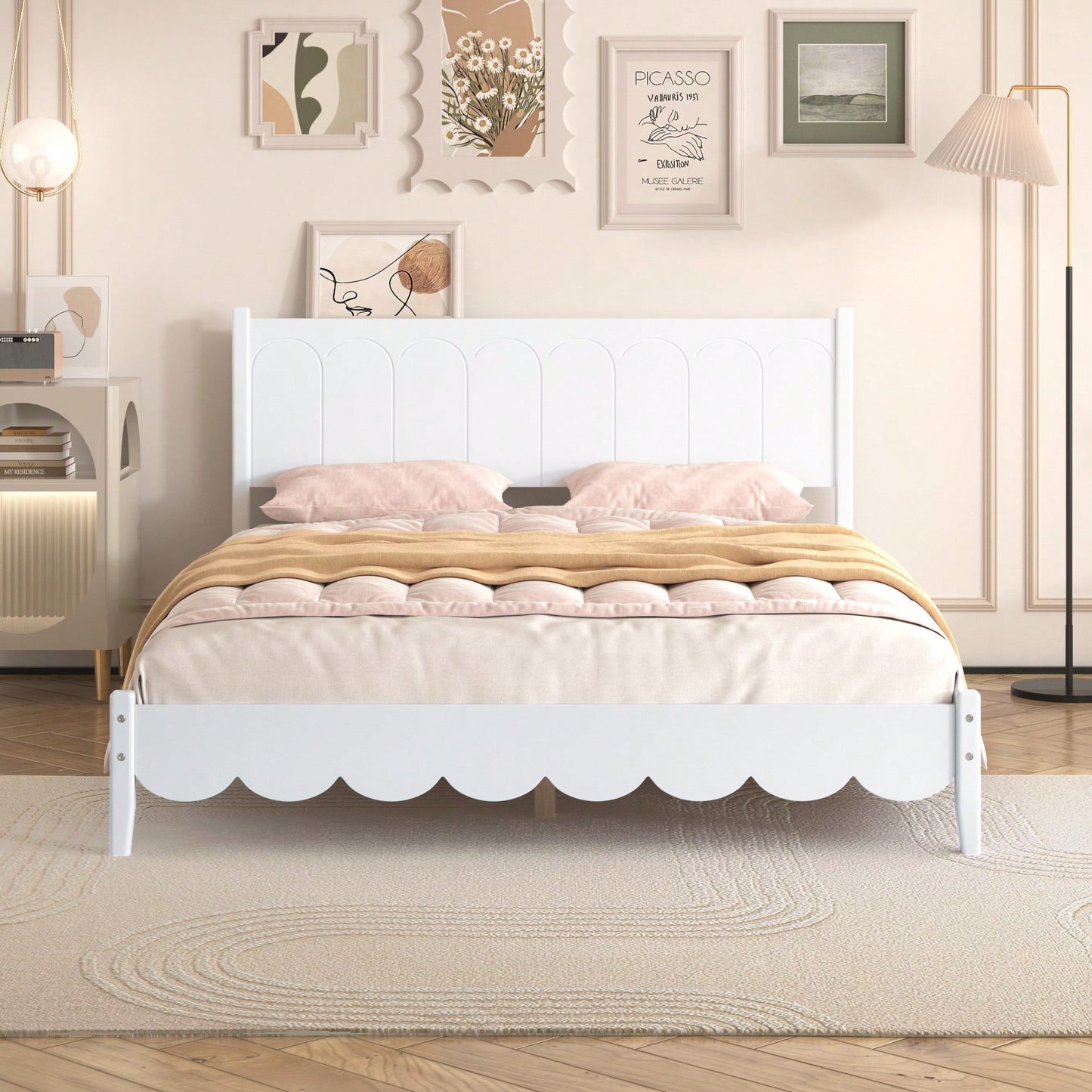 Stylish Queen Size Wood Platform Bed Frame With Rectangular Headboard - Retro Design, No Box Spring Needed, Sleek White Finish