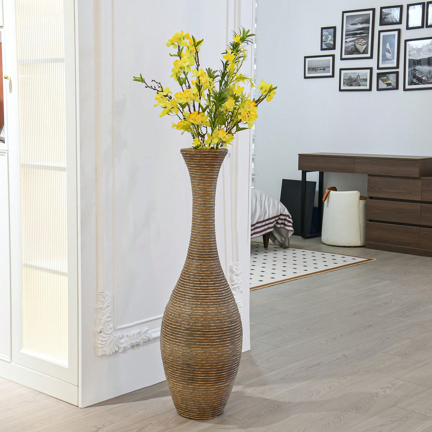 Elegant 39-Inch Beige Rattan Floor Vase for Living Room Entryway or Hallway Perfect for Dried or Silk Flowers