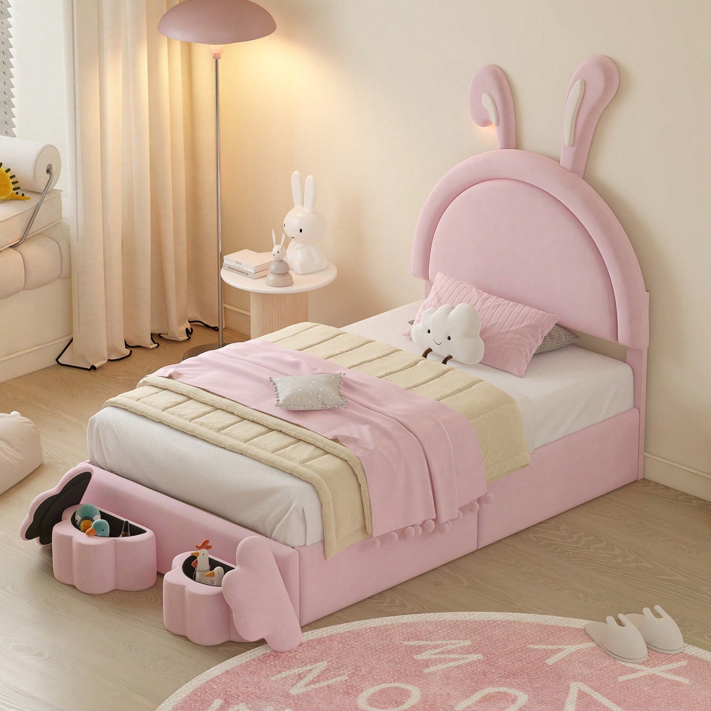 Charming Twin Size Velvet Rabbit-Shaped Bed With Plush Cartoon Ears And 2 Stylish Storage Stools In Pink