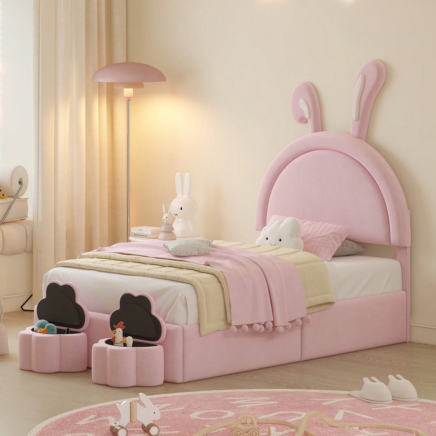 Charming Twin Size Velvet Rabbit-Shaped Bed With Plush Cartoon Ears And 2 Stylish Storage Stools In Pink