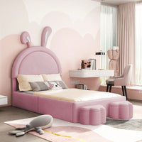 Charming Twin Size Velvet Rabbit-Shaped Bed With Plush Cartoon Ears And 2 Stylish Storage Stools In Pink