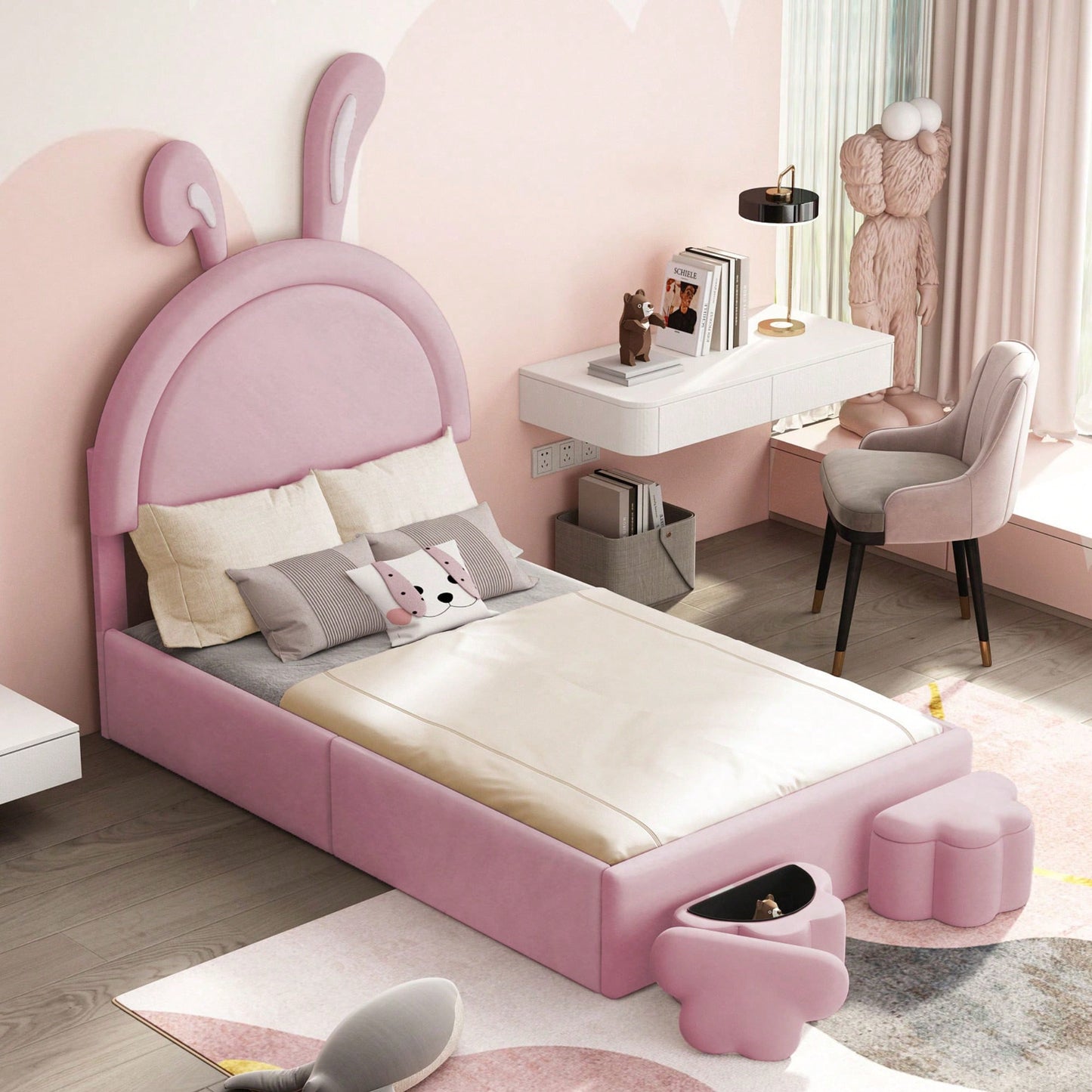 Charming Twin Size Velvet Rabbit-Shaped Bed With Plush Cartoon Ears And 2 Stylish Storage Stools In Pink