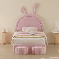 Charming Twin Size Velvet Rabbit-Shaped Bed With Plush Cartoon Ears And 2 Stylish Storage Stools In Pink