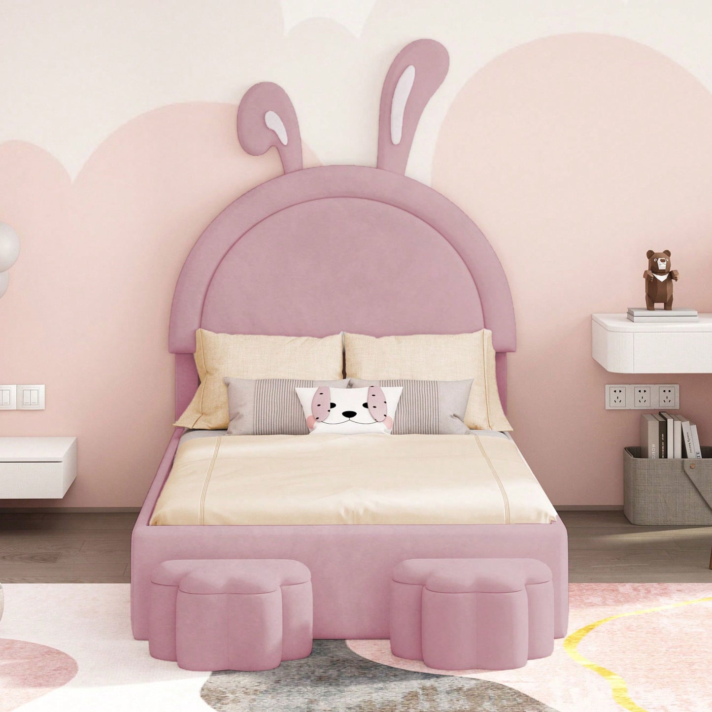 Charming Twin Size Velvet Rabbit-Shaped Bed With Plush Cartoon Ears And 2 Stylish Storage Stools In Pink