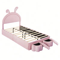 Charming Twin Size Velvet Rabbit-Shaped Bed With Plush Cartoon Ears And 2 Stylish Storage Stools In Pink