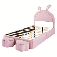 Charming Twin Size Velvet Rabbit-Shaped Bed With Plush Cartoon Ears And 2 Stylish Storage Stools In Pink