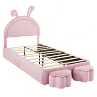 Charming Twin Size Velvet Rabbit-Shaped Bed With Plush Cartoon Ears And 2 Stylish Storage Stools In Pink